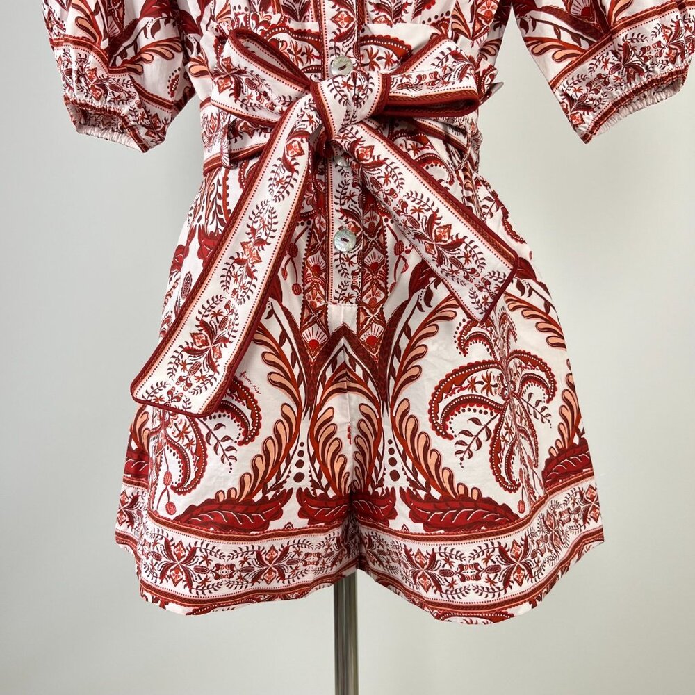 NWT Farm Rio Tropical Cameo Belted Romper Size XS 100% Cotton Puff Sleeves - Picture 7 of 12